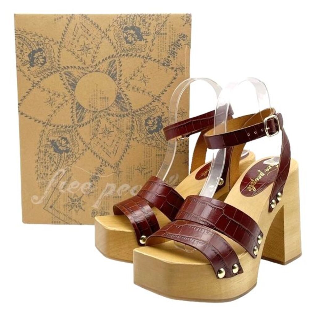 NWT Free People Mallory Brown Leather Clog Platform Ankle Wrap Sandal Size 8 NEW - Picture 7 of 16